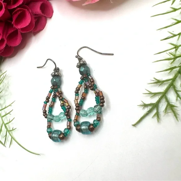 VINTAGE⚜️Teal Glass Crystal Beaded Droplet Earrings - Picture 3 of 4